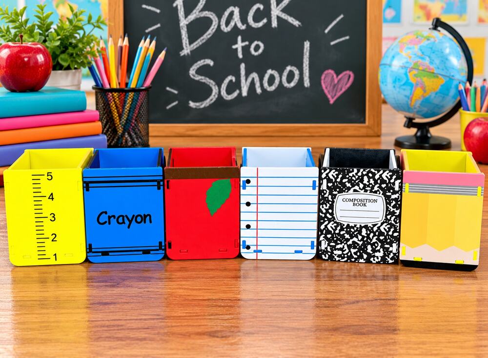 Sherr Set of 6 Whimsical Back-to-School Wooden Pencil Holders | Desk Décor NIB